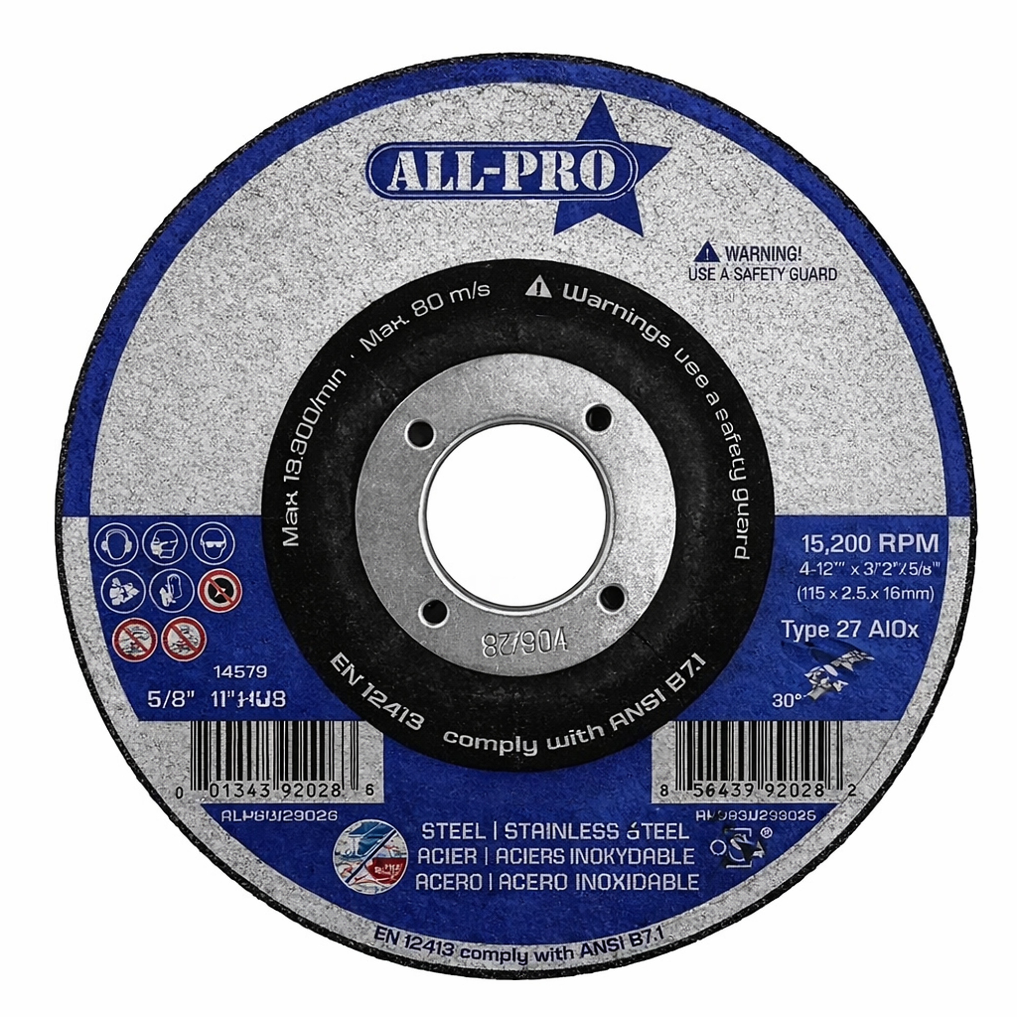 All Pro Grinding Wheel — 4 1/2in. x 1/4in. x 7/8in., A30Q, Type 27, 10 Pk, Model# ALPGW29025